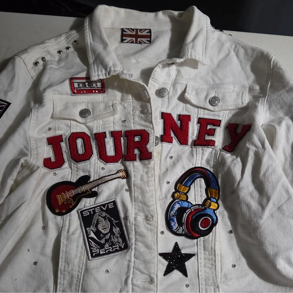 Custom Journey Band White Patch Denim Jacket Studded Sz XXL (Fits Like Large)